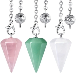 Natural hexagonal crystal prism pendulum necklaces in pink, green, and clear quartz