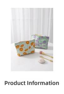 Detailed close-up of floral canvas makeup bags with zippers and BAR BAG logo tags