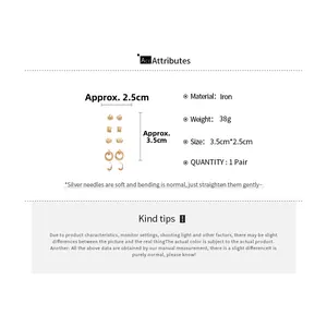 Golden iron geometric earring set with 5 pairs featuring heart and hoop designs, 38g weight