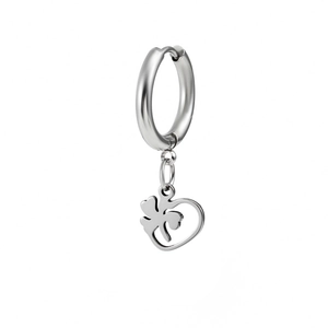 Detail of silver clover and heart charms on minimalist punk stainless steel hoop earring