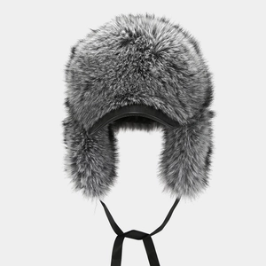 Front view of black and gray faux fur aviator hat with stiff brim and ear flaps