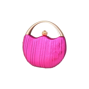 Vintage round evening clutch bag in magenta PU with pleated texture and gold handle