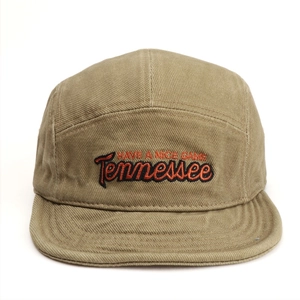 Khaki cotton camper hat with retro Tennessee embroidery and flat brim for fashion style