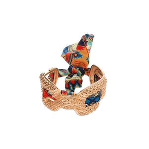 French retro open cuff bracelet in gold metal with colorful printed silk scarf wrap