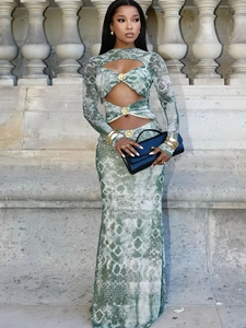 Sexy hollow-out long sleeve maxi dress with green abstract print and gold floral buckles