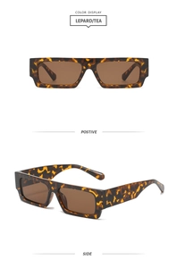 Front and side views of leopard print rectangular sunglasses with tea lenses
