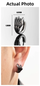 Detail of vintage steel wing earrings with dimensions and ear model wearing display