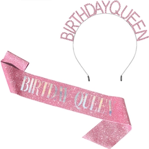 Pink glitter sash and rhinestone headband set featuring Birthday Queen text detail