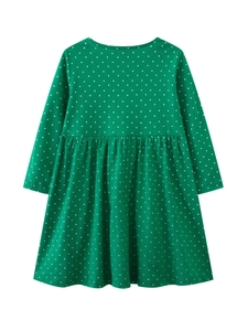Bright green long sleeve girls' dress with white polka dots and high waistline