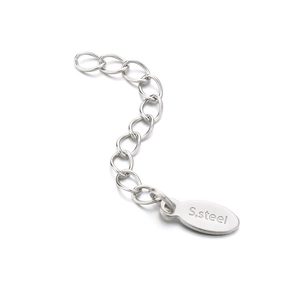 Polished silver stainless steel extension chain with S.steel engraved tag for jewelry making