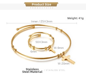 Detailed size specifications for gold stainless steel cable cross jewelry set