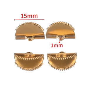 Detail of 15mm gold semi-circle ribbon crimp ends for jewelry making with size markings