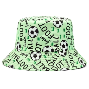 Close-up of light green bucket hat with football patterns and graphic letter prints