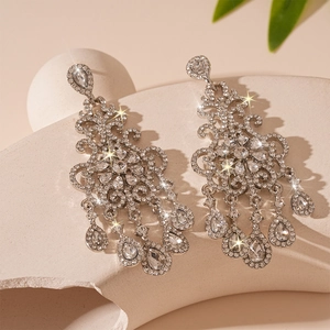 Luxury sparkling chandelier tassel earrings with silver needles and crystal teardrops