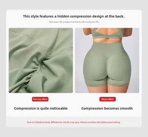 Detailed back view of high-waisted sage green yoga shorts with scrunch butt lifting effect