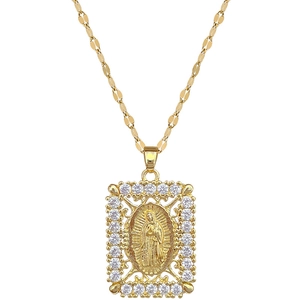 Luxurious gold titanium steel necklace featuring a religious portrait pendant with crystals