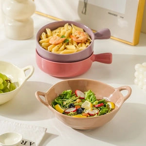 Cute ceramic bowl set with handles in pink and purple colors for salad or soup