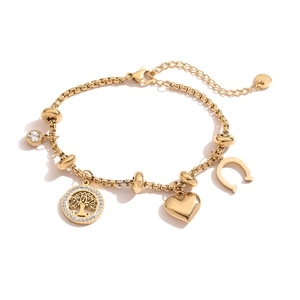 18K gold plated tree of life charm bracelet with sparkling zircon heart pendants