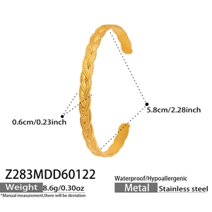 Detail of gold woven texture stainless steel open bracelet with 5.8cm inner diameter