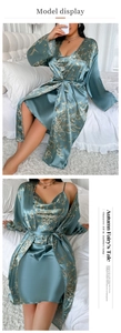 Floral satin robe and slip dress set with lace-up waist detail in vintage sage green