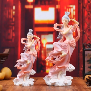Ancient Chinese Dunhuang flying fairy resin statues with clouds base on a classic background