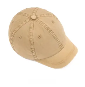 Top down view of khaki short brim baseball cap with vintage washed cotton texture