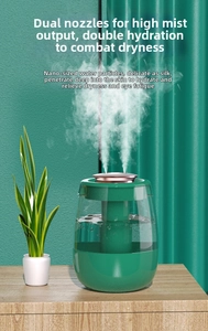 Close-up of dark green dual nozzle desktop humidifier with macro mist spray view
