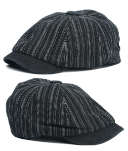 Close-up of black newsboy cap with white pinstripes and durable fabric texture