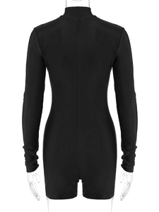 Rückansicht eines eleganten schwarzen Langarm-Bodysuits mit Stehkragen und enger Passform