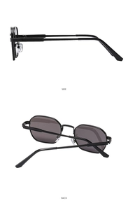 Side and back view of retro polygon metal sunglasses with black frames and dark grey lenses