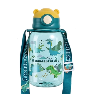 Green dinosaur cartoon kids water bottle with straw and portable strap for school