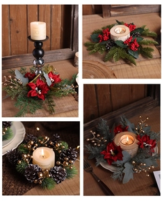 Dettaglio ghirlanda di Natale con bacche rosse e aghi di pino per decorazione candele