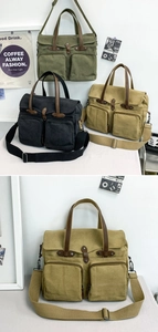 Detailed view of canvas messenger bags in green, black, and khaki with multi-pocket design