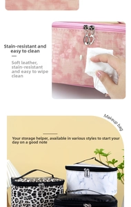 Close-up of waterproof PU leather makeup bag showing easy-to-clean stain resistant surface