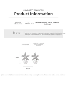 Detailed view of silver starfish earrings with cubic zirconia and round shell pearls
