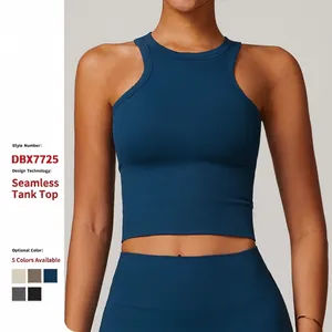 Gilet de Yoga Dos Nageur Côtelé Sans Couture pour Femmes Couleur Unie Haut de Sport Ajusté Crop Top de Fitness Sans Manches