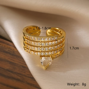Detail showing dimensions and 8g weight of gold multi-layer heart ring with zircons