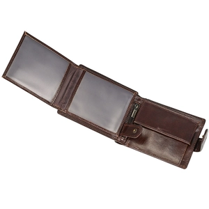 Detail view of leather wallet interior with card slots, coin pocket, and zipper pocket