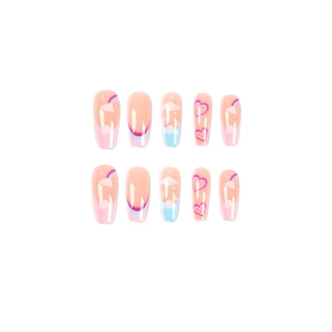 Rainbow cloud press-on nails with heart patterns and glossy finish in long coffin shape