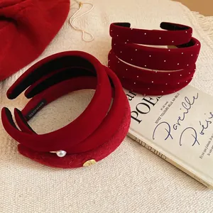 Retro red velvet padded headband collection with pearls and handmade labels for women