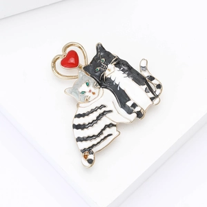 Cute hug cat enamel brooch with a red heart pendant made of high-quality alloy metal