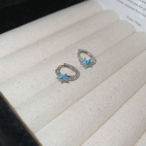 Detail of silver star hoop earrings with light blue enamel and white crystal inlay