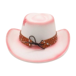 Detail of white western cowboy hat with pink gradient spray and silver metallic studs