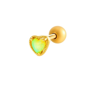 Golden heart opal stud earring with decorative beaded edges on white background