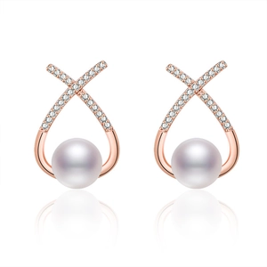 Elegant rose gold water drop pearl earrings with sparkling zircon accents on white background