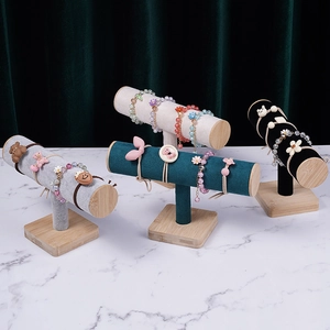 T-shaped bamboo jewelry display stand with velvet bar for bracelets and watches