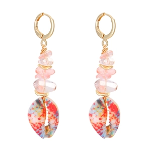 Detail of shell earrings with gold hoops and colorful speckled resin stones