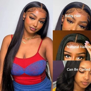 Long straight black lace front wig with natural hairline and baby hair styling features