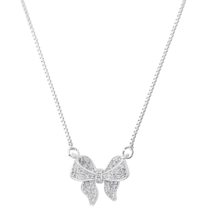 Detailed close-up of a silver bow pendant necklace encrusted with shimmering cubic zirconia