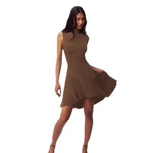 Slim fit sleeveless brown mini dress with A-line skirt and high waist for a sexy look